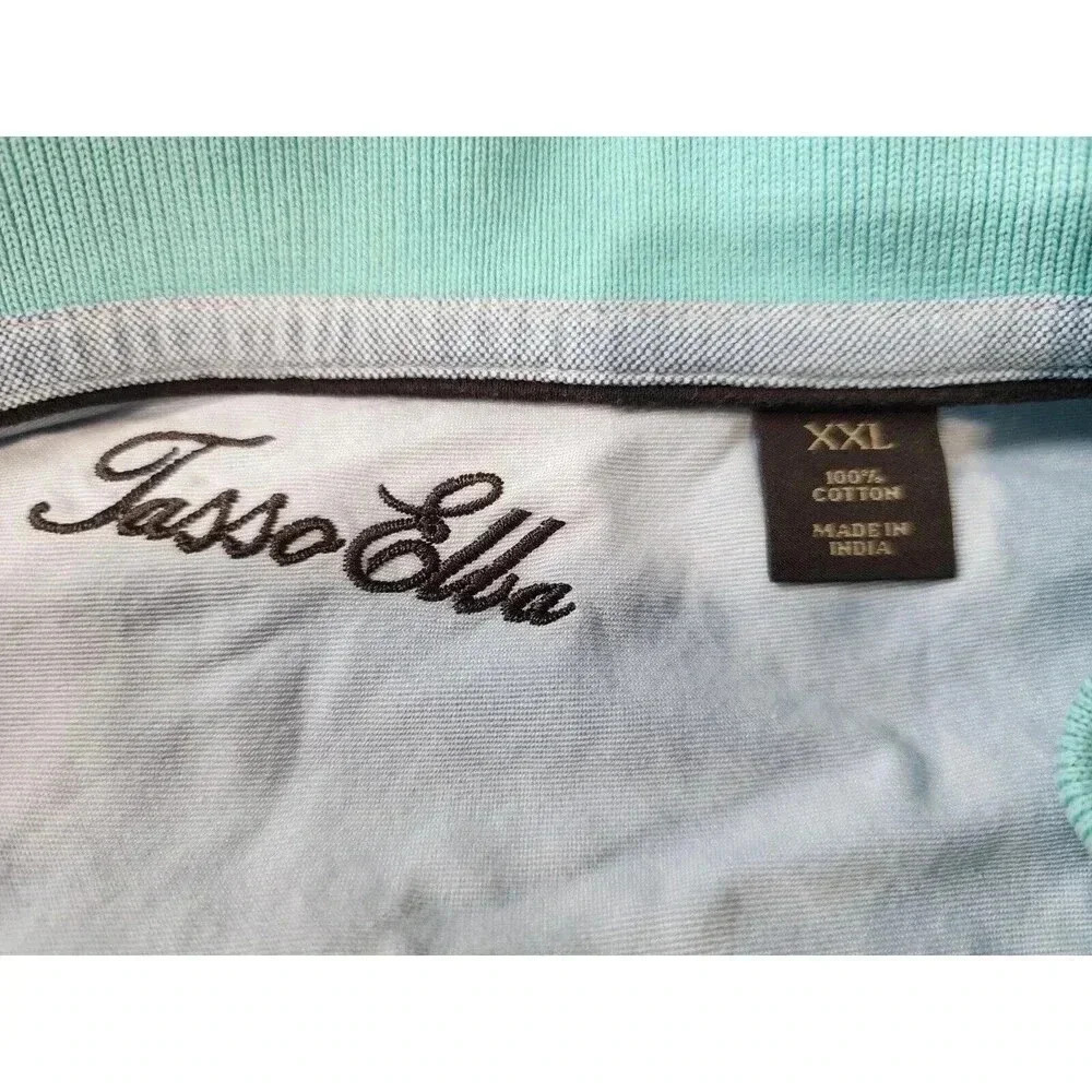 Tasso Elba Polo Shirt Mens XXL Aqua Blue Striped Short Sleeve Contrast Collar - Picture 6 of 6